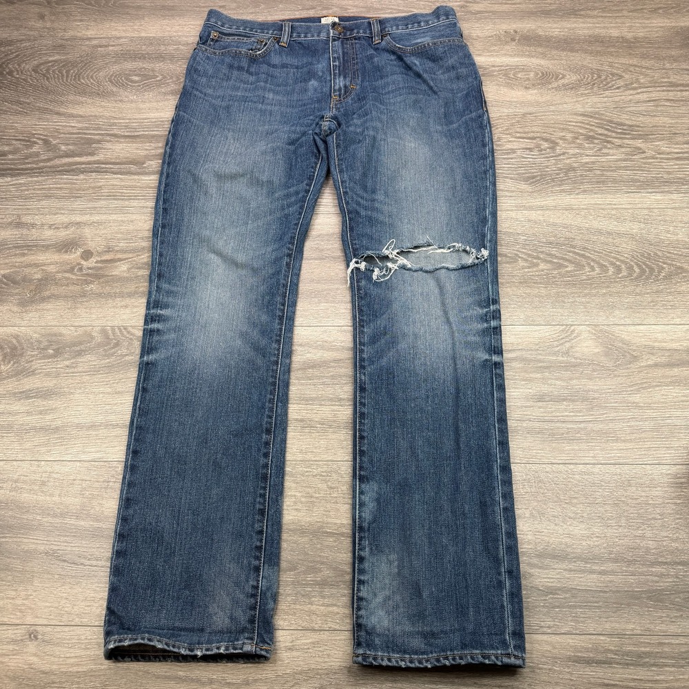J Crew Jeans Mens 34x32 Blue Urban Slim Distressed Ripped Knee Five Pocket Denim